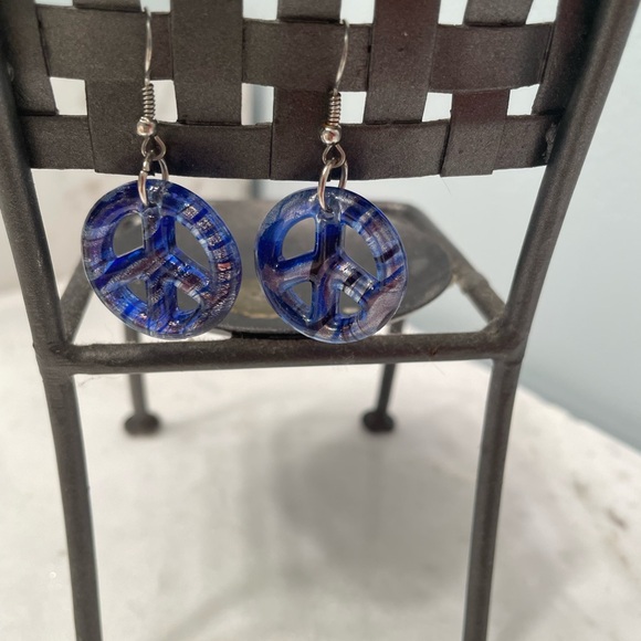 Blue Glass Peace Sign Earrings - Picture 2 of 6